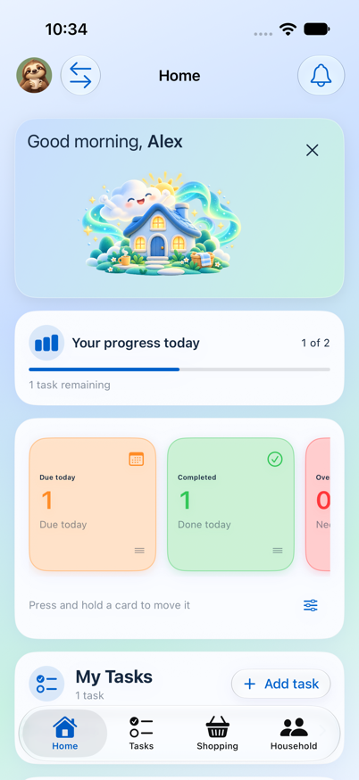 Actual HomeShine Home screen with fictional household, illustrated greeting, progress and customisable task cards, and Home, Tasks, Shopping and Household tabs